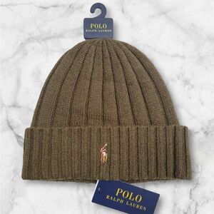 Polo Ralph Lauren Men's Wool Blend Ribbed Cuff Knit Beanie Hat Olive Green NWT
